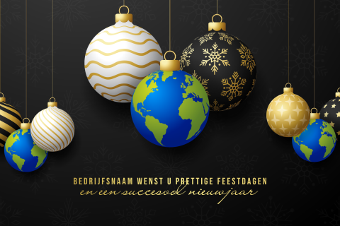 Zwarte kerstkaart met wereldbol en goudfolie