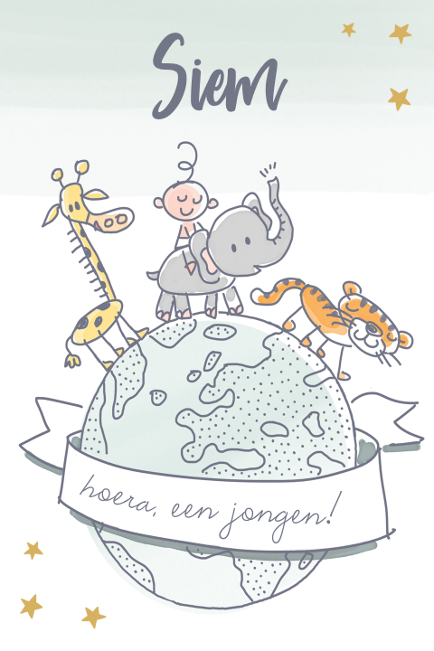 Mintgroen geboortekaartje wereldbol met jungle dieren
