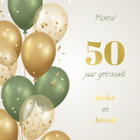 Goudfolie jubileum kaart 50 jaar getrouwd met ballonnen
