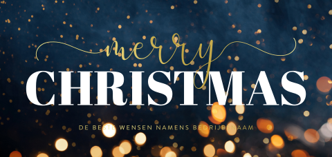Kerstkaart blauw met lichtjes en goudfolie typografie
