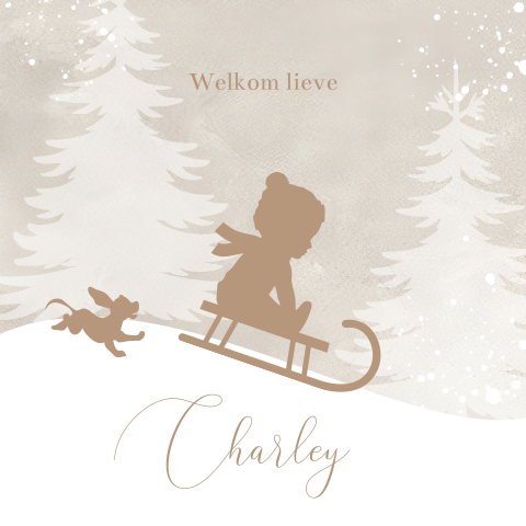 Winter geboortekaartje baby op slee in silhouet
