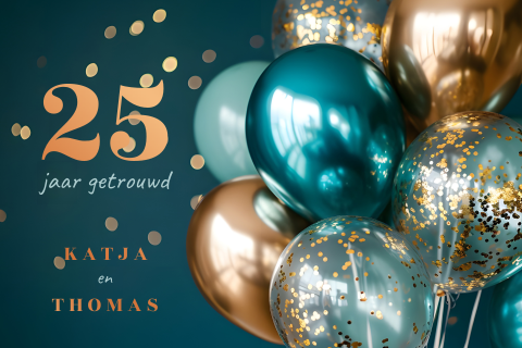 Jubileum uitnodiging 25 jaar getrouwd met ballonnen en koperfolie