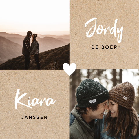 Stoere trouwkaart met twee foto's en kraftlook