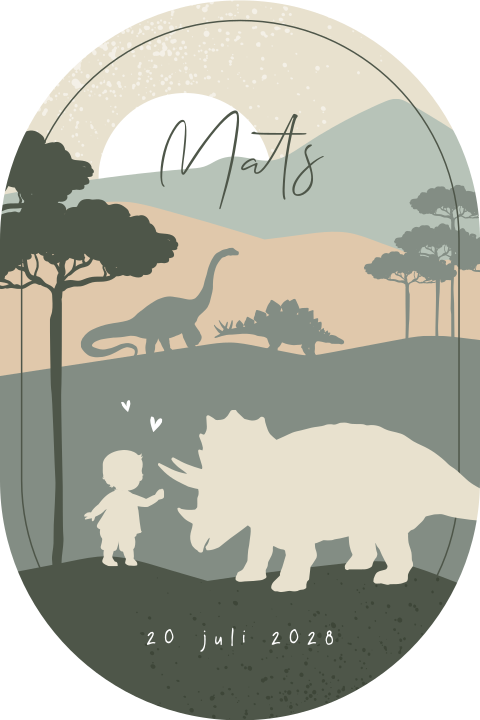 Ovaal geboortekaartje met dino silhouetjes en jongetje