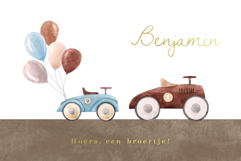 Geboortekaartje met twee vintage autootjes