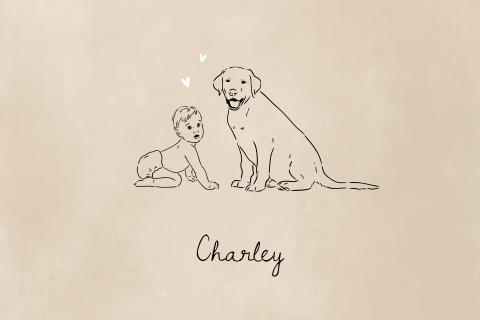 Unisex geboortekaartje met lijntekening baby en hond