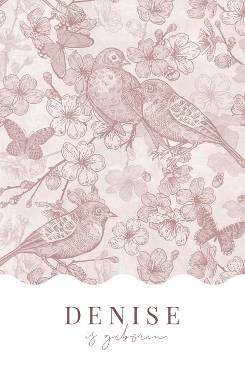 Monochrome donkerroze geboortekaartje met vogels