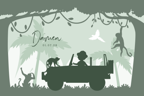 Jungle geboortekaartje met jongetje in jeep en aapjes