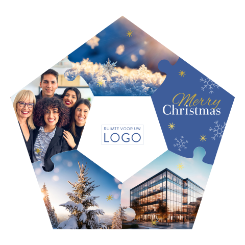 Bewerkbare kerstkaart met puzzel fotokaders in blauw en goud