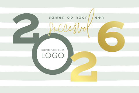 Gestreepte kerstkaart met 2026 en logo voorop