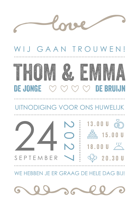 Hippe trouwkaart met typografie in blauw en beige