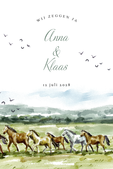 Trouwkaart met paarden in aquarel – perfect voor paardenliefhebbers