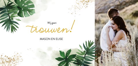 Hippe botanische trouwkaart tropische bladeren en foto