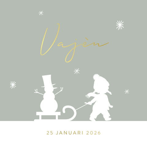 Goudfolie geboortekaartje winter met silhouet meisje met slee