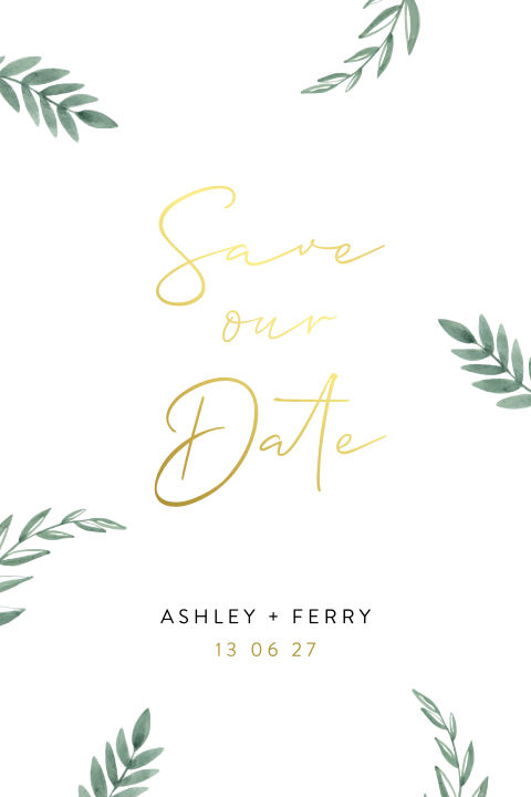 Goudfolie save the date kaart met blaadjes