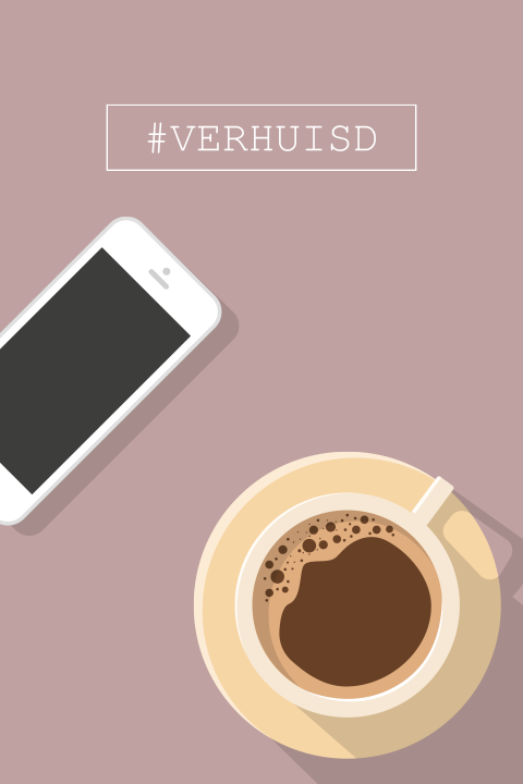 Hippe verhuiskaart met kopje koffie en mobiel
