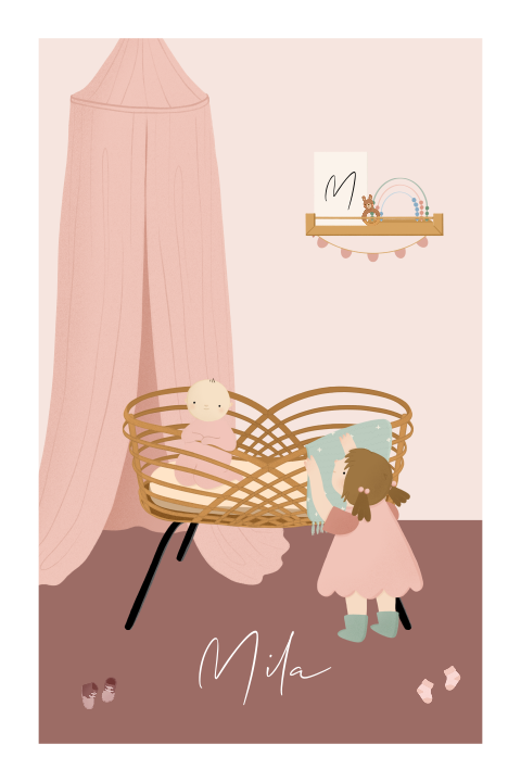 Geboortekaartje kinderkamer zus bij wieg met baby meisje