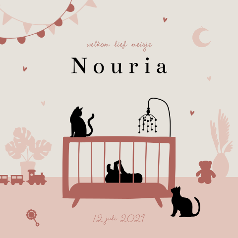Silhouet geboortekaartje baby meisje in wieg met katten
