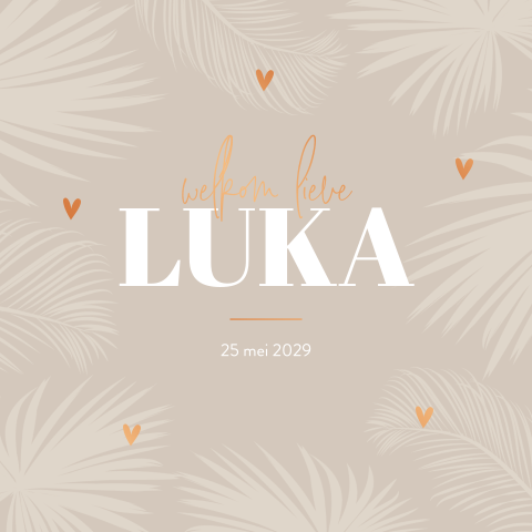 Taupe geboortekaartje jongen met bladeren en koperfolie hartjes