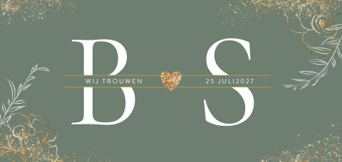 Botanische trouwkaart met initialen en groene waterverf bladeren