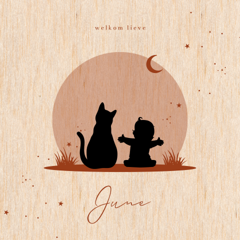 Geboortekaartje hout met silhouet baby meisje en kat