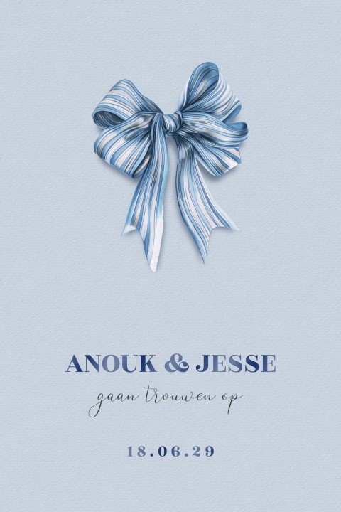 Hippe trouwkaart met grote blauwe strik