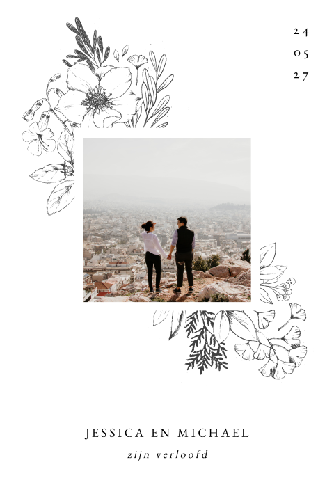 Vintage verlovingskaart met eigen foto en bloemen