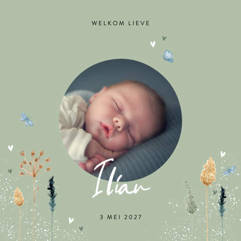 Geboortekaartje unisex met droogbloemen en ronde foto
