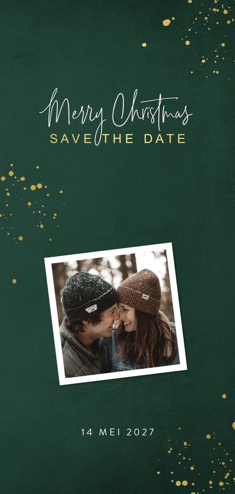 Groene save the date kaart met foto en kerstwens