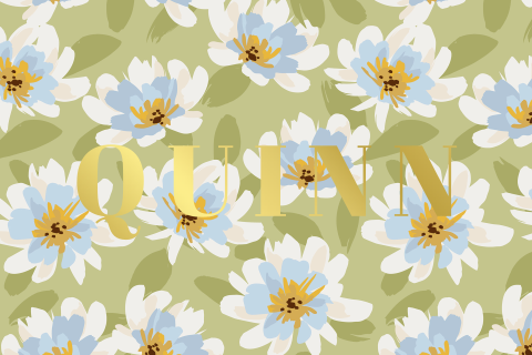 Geboortekaartje met lichtblauwe bloemen en goudfolie naam