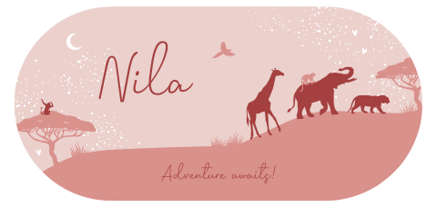Ovaal geboortekaartje met roze safari landschap en dieren