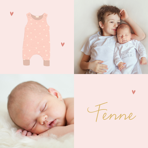 Foto geboortekaartje 2e kind broer met zusje en roze romper