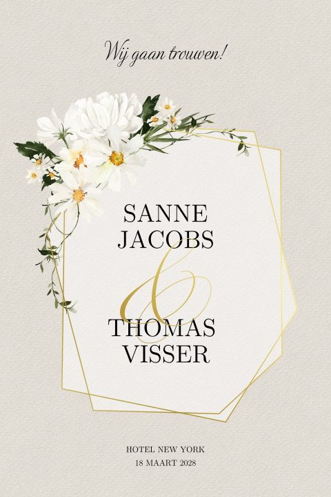 Beige trouwkaart met witte bloemen en goudfolie kader
