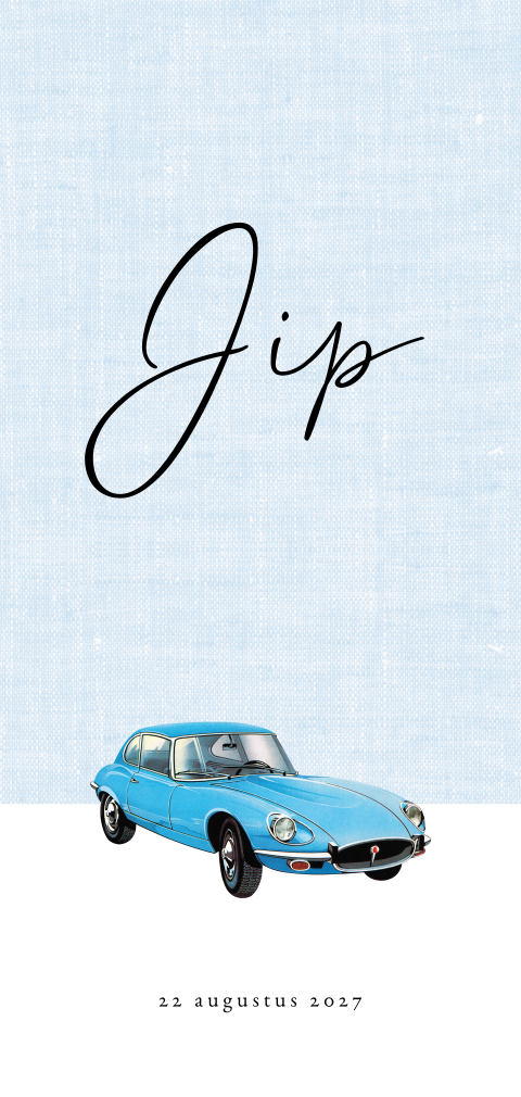 Retro geboortekaartje met blauwe vintage auto