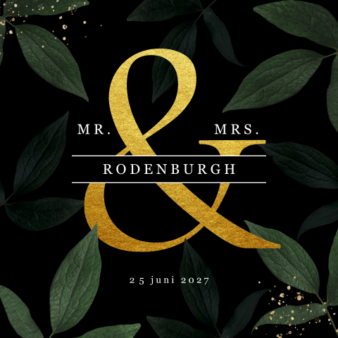 Zwarte botanische trouwkaart met bladeren en gouden &-teken