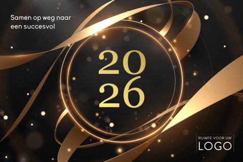 Zwarte luxe kerstkaart met goudkleurige linten en 2026