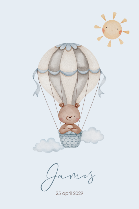 Geboortekaartje met beertje in blauwe luchtballon
