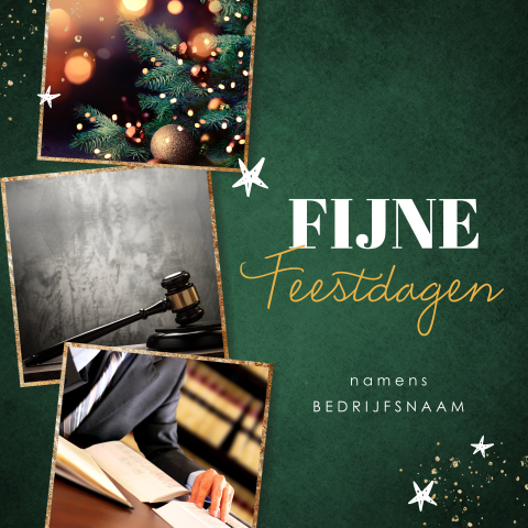 Groene kerstkaart met drie gouden fotokaders advocatuur