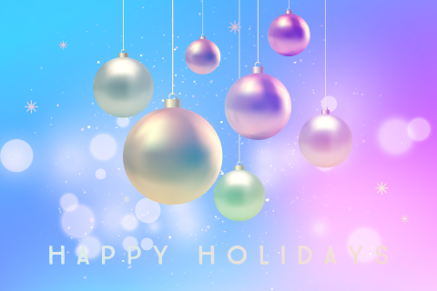 Holografische kerstkaart met kerstballen en sterretjes