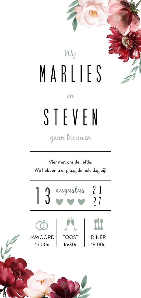 Hippe enkele trouwkaart met tropische bloemen