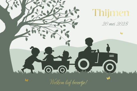 Groen silhouet geboortekaart tractor met vier kinderen