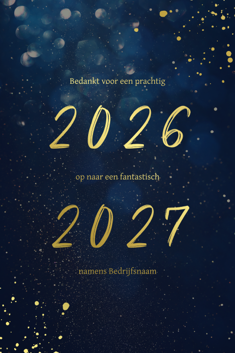 Donkerblauwe nieuwjaarskaart met goudfolie jaartallen en spetters