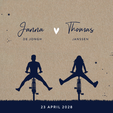Silhouet trouwkaart met koppel op de fiets