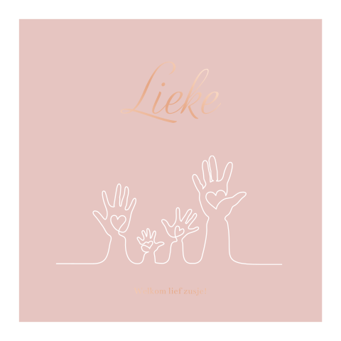 Roze geboortekaartje meisje met vier handjes