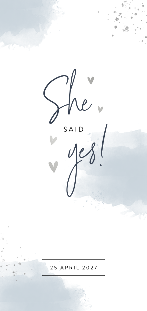 Verlovingskaart lichtblauwe waterverf met zilverfolie hartje