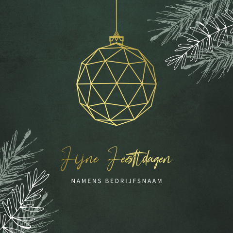Groene kerstkaart met grafische kerstbal in goudfolie en takken