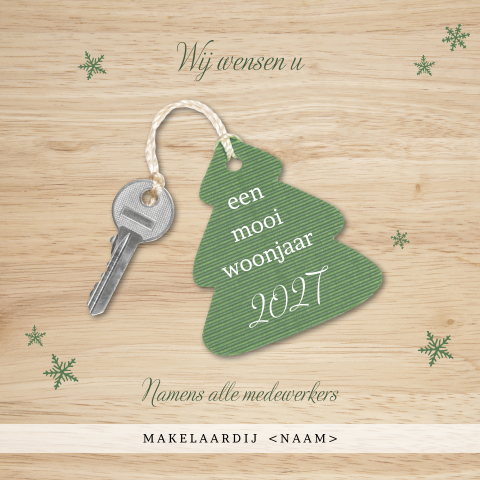 Kerstkaart met sleutel en kerstboom sleutelhanger