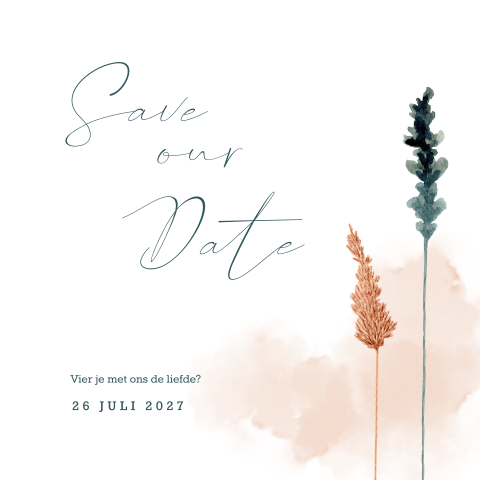 Chique save the date kaart droogbloemen en roze waterverf