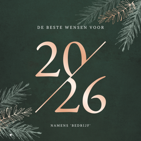Strakke groene kerstkaart met 2026 in roségoudfolie