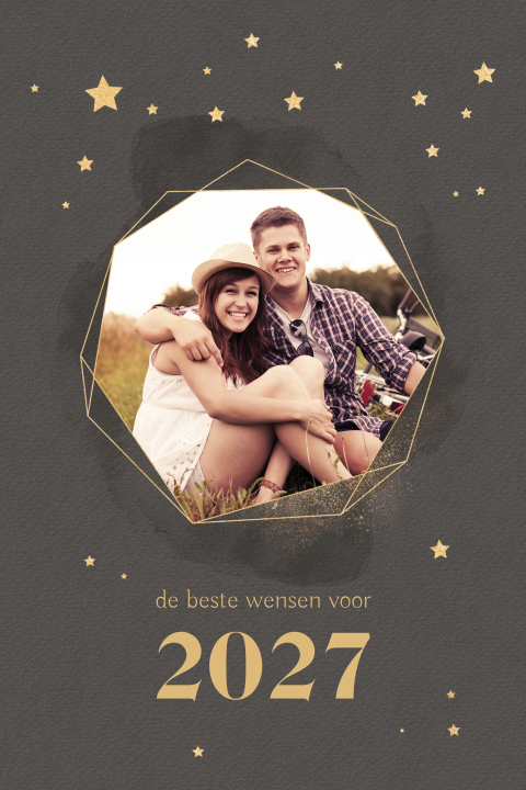 Fotokerstkaart met goudkleurige sterren in donkerbruin